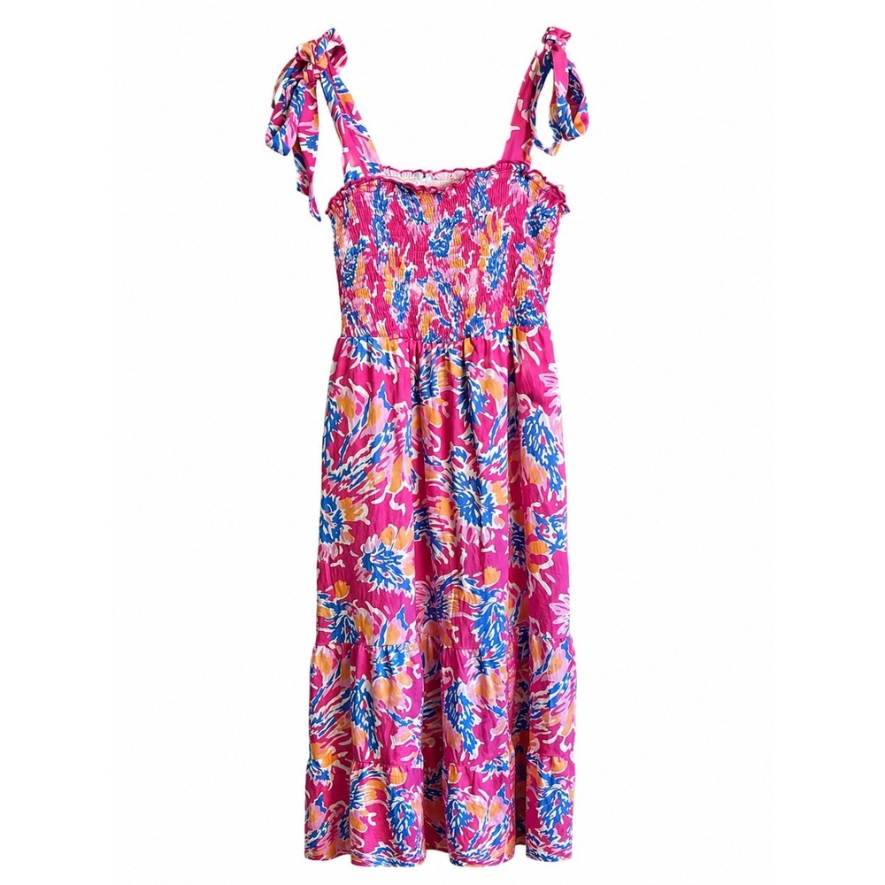 Kate Kasin Smocked Maxi Dress Medium Pink Floral Tie Strap NWT Pockets